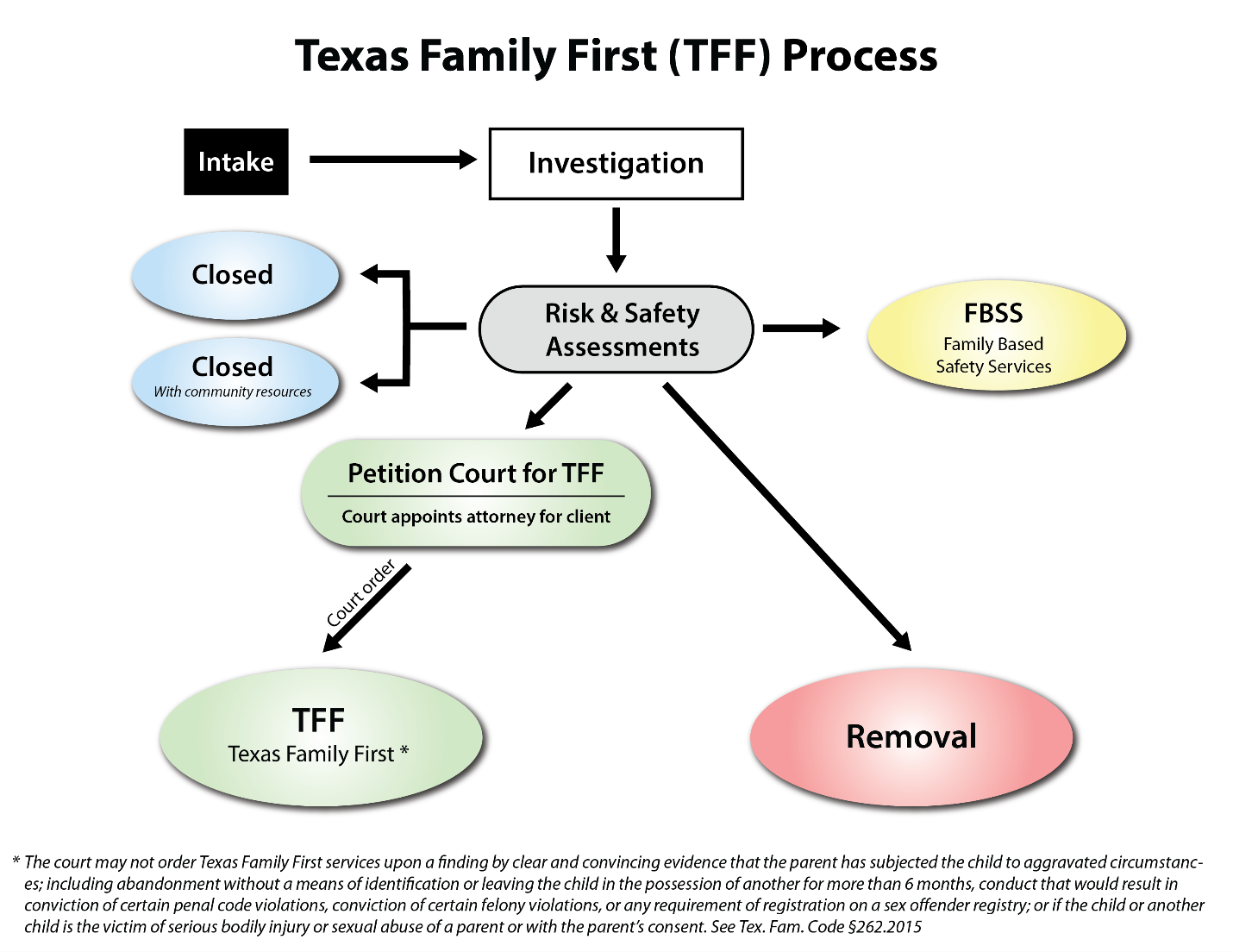 TFF Process Diagram: Intakes go to Investigations, which then lead to risk & safety asessments as described above.