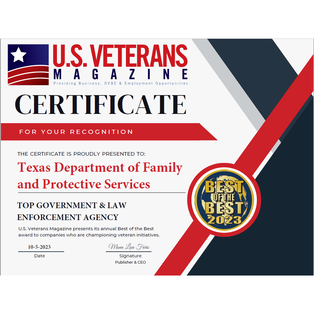 US Veterans Magazine certificate of recognition, Best of the Best 2023