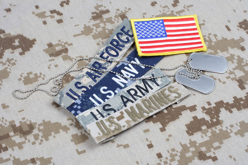 Military branch, dog tags and flag representation veterans.