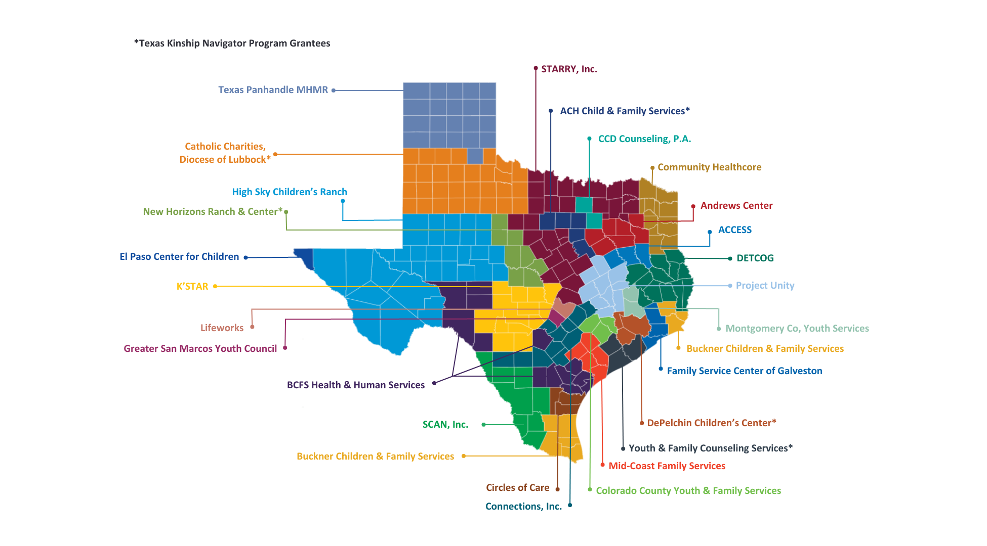 Map of Texas, showing providers across the state. For a text version of FAYS providers, check the PEI Provider Directory.