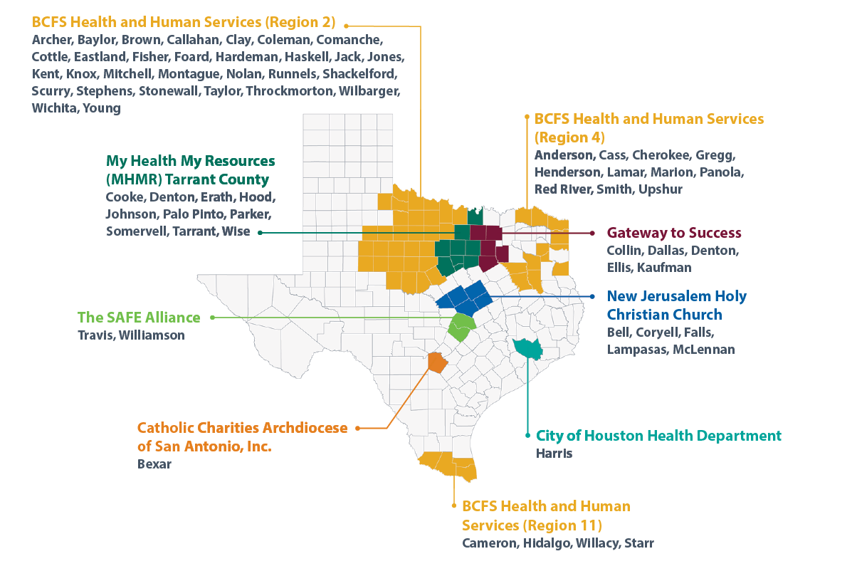 Map of Texas, showing providers across the state. For a text version of HIP providers, check the PEI Provider Directory.