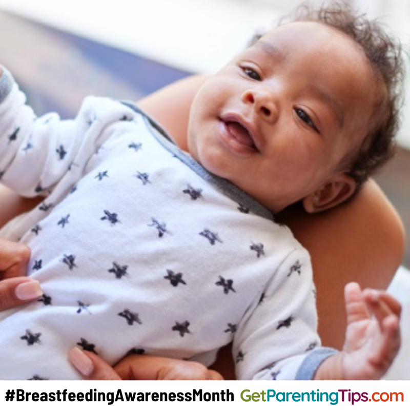 Happy baby, looking up. Text: #BreastfeedingAwarenessMonth GetParentingTips.com