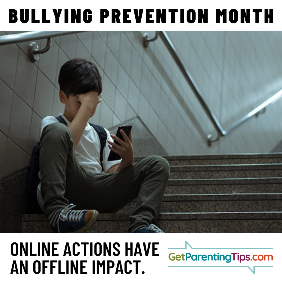 Bullying Prevention Month. Onine actions have an offline impact. GetParentingTips.com. Sad boy.