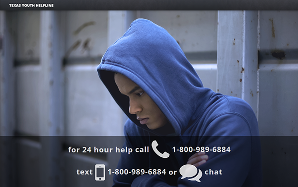 The Texas Youth Helpline home page phone number, text and chat info.