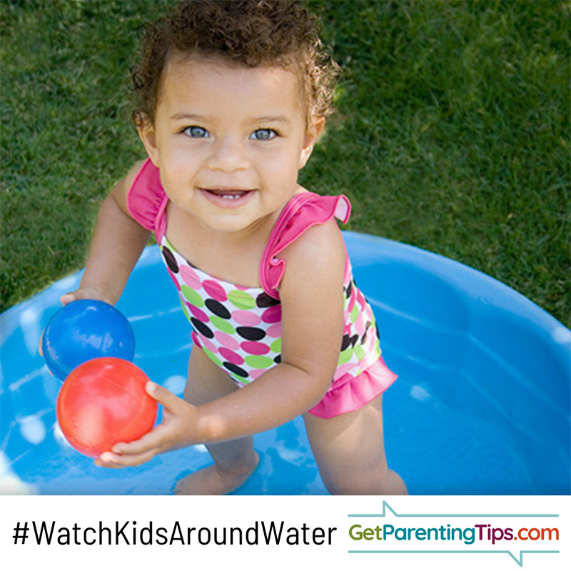 Baby in a blue kid pool. Text: #WatchKidsAroundWater GetParentingTips.com