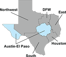 Map of DFPS districts with Austin/El Paso District highlighted